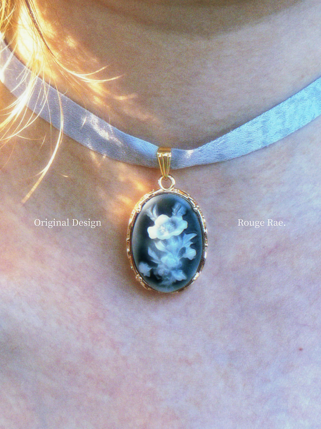 The Deep Nocturne. Vintage Carved Resin Rose Cameo Ribbon Choker-Necklace