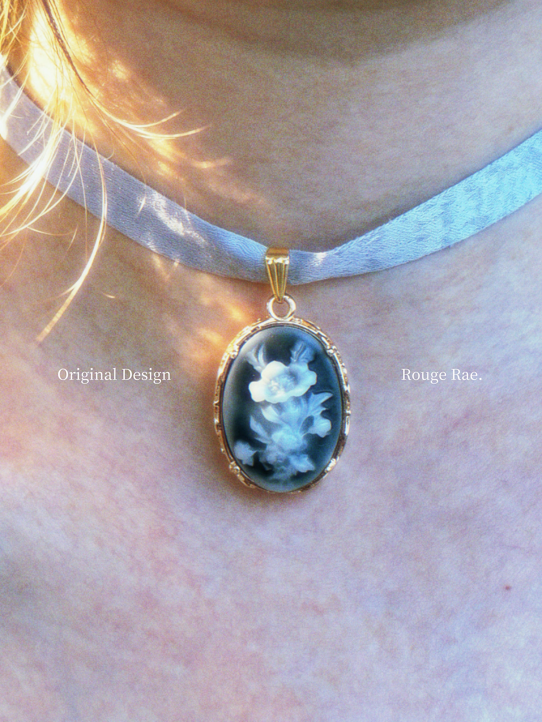 The Deep Nocturne. Vintage Carved Resin Rose Cameo Ribbon Choker-Necklace