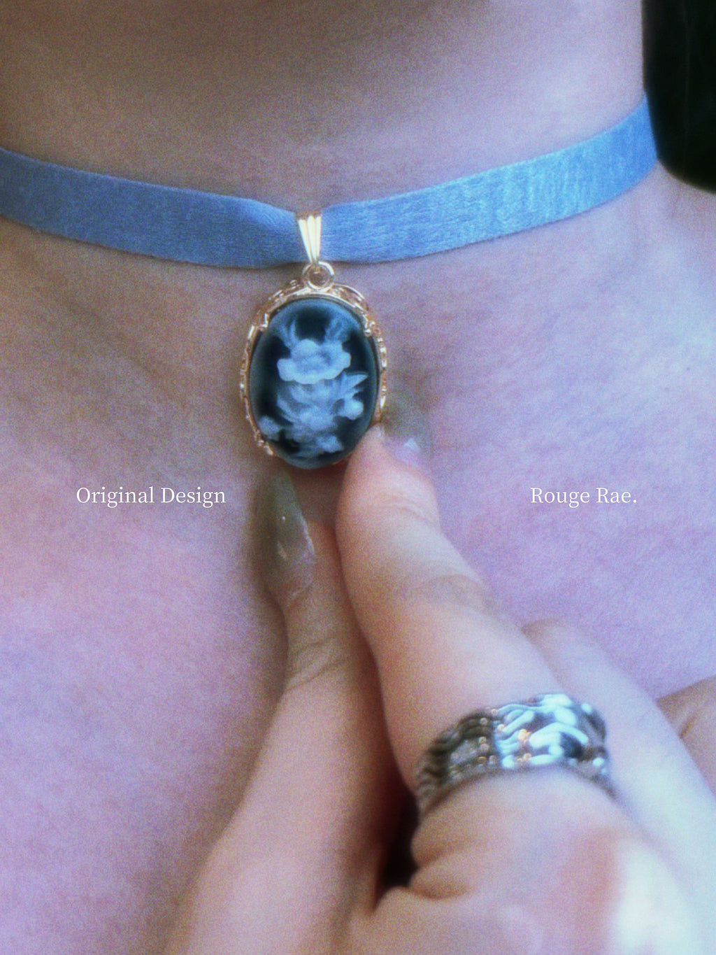 The Deep Nocturne. Vintage Carved Resin Rose Cameo Ribbon Choker-Necklace