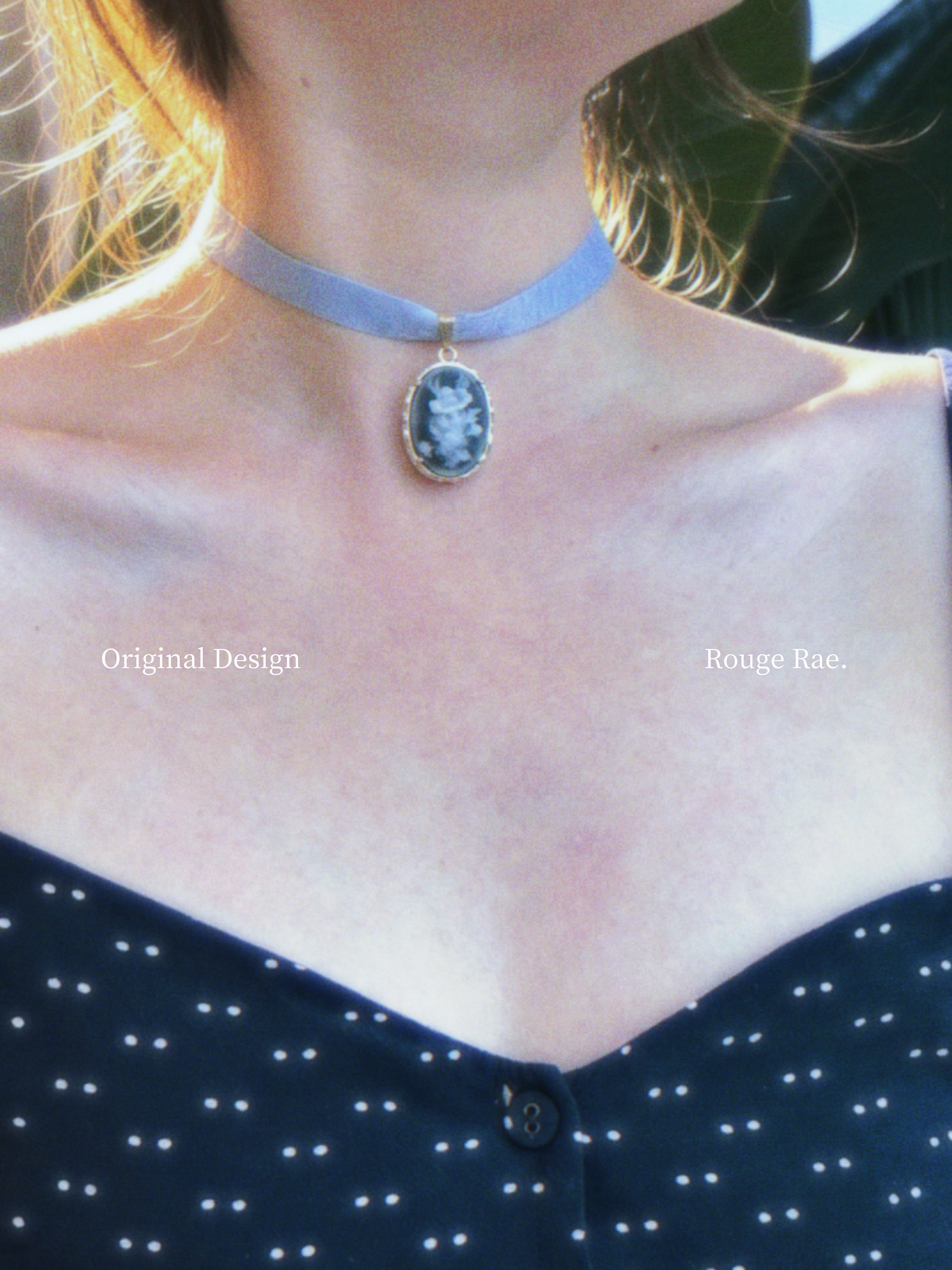 The Deep Nocturne. Vintage Carved Resin Rose Cameo Ribbon Choker-Necklace