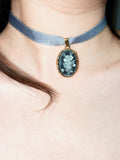 The Deep Nocturne. Vintage Carved Resin Rose Cameo Ribbon Choker-Necklace