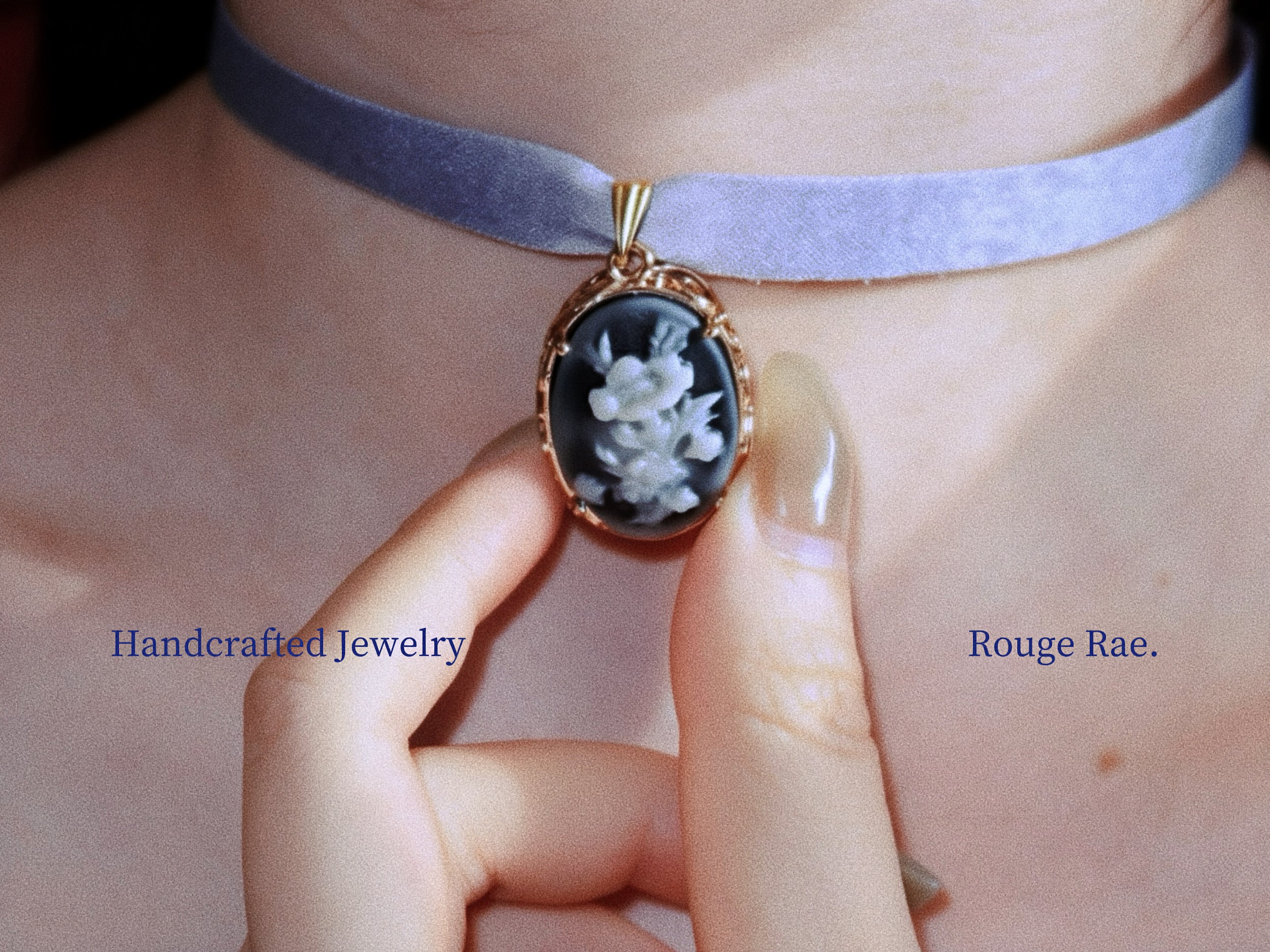 The Deep Nocturne. Vintage Carved Resin Rose Cameo Ribbon Choker-Necklace