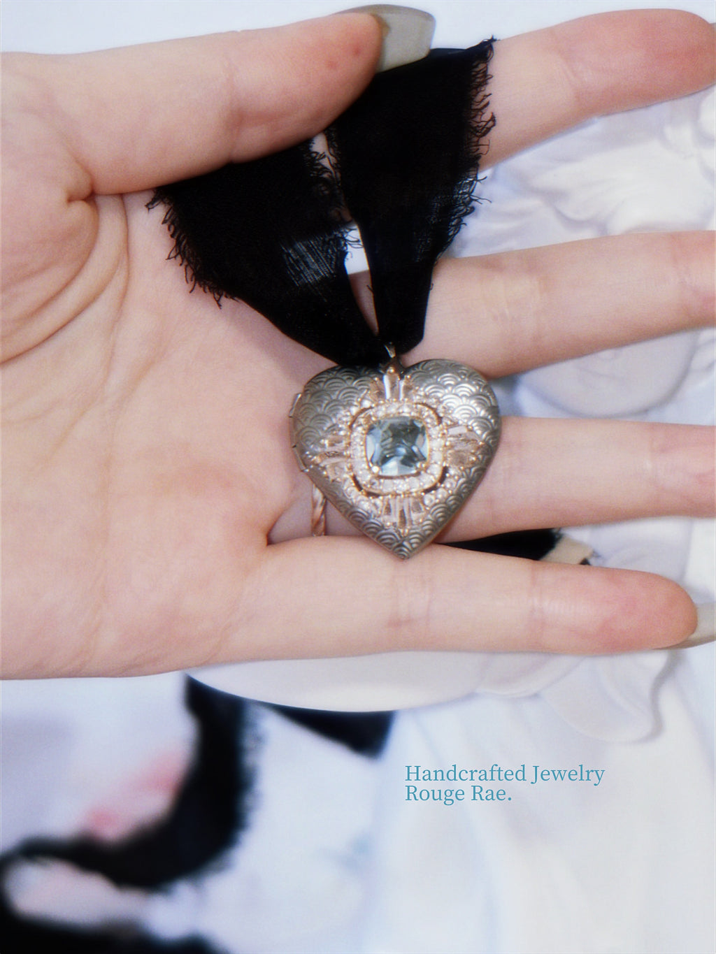 The Abyssal Heart. Vintage Sea-Green Stone Heart Locket Ribbon Necklace