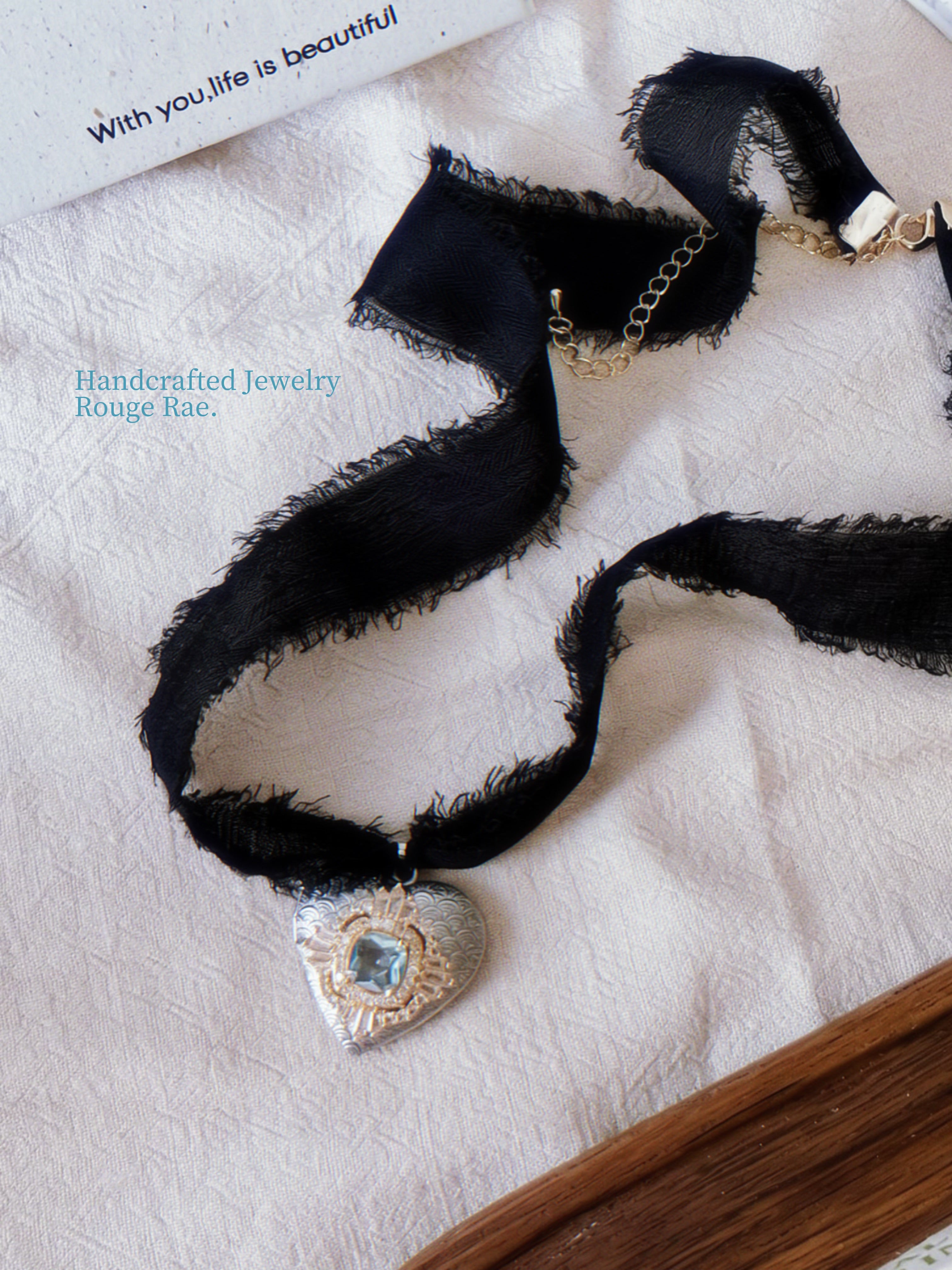 The Abyssal Heart. Vintage Sea-Green Stone Heart Locket Ribbon Necklace