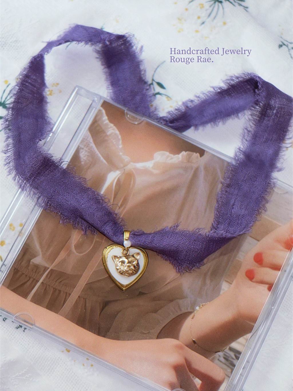 The Witch’s Familiar. Moving Cat Motif Mother-of-Pearl Locket Necklace