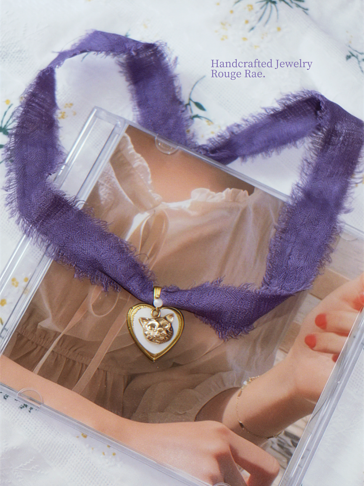 The Witch’s Familiar. Moving Cat Motif Mother-of-Pearl Locket Necklace