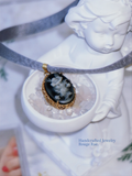The Midnight Rose. Vintage Carved Resin Rose Cameo Ribbon Choker-Necklace