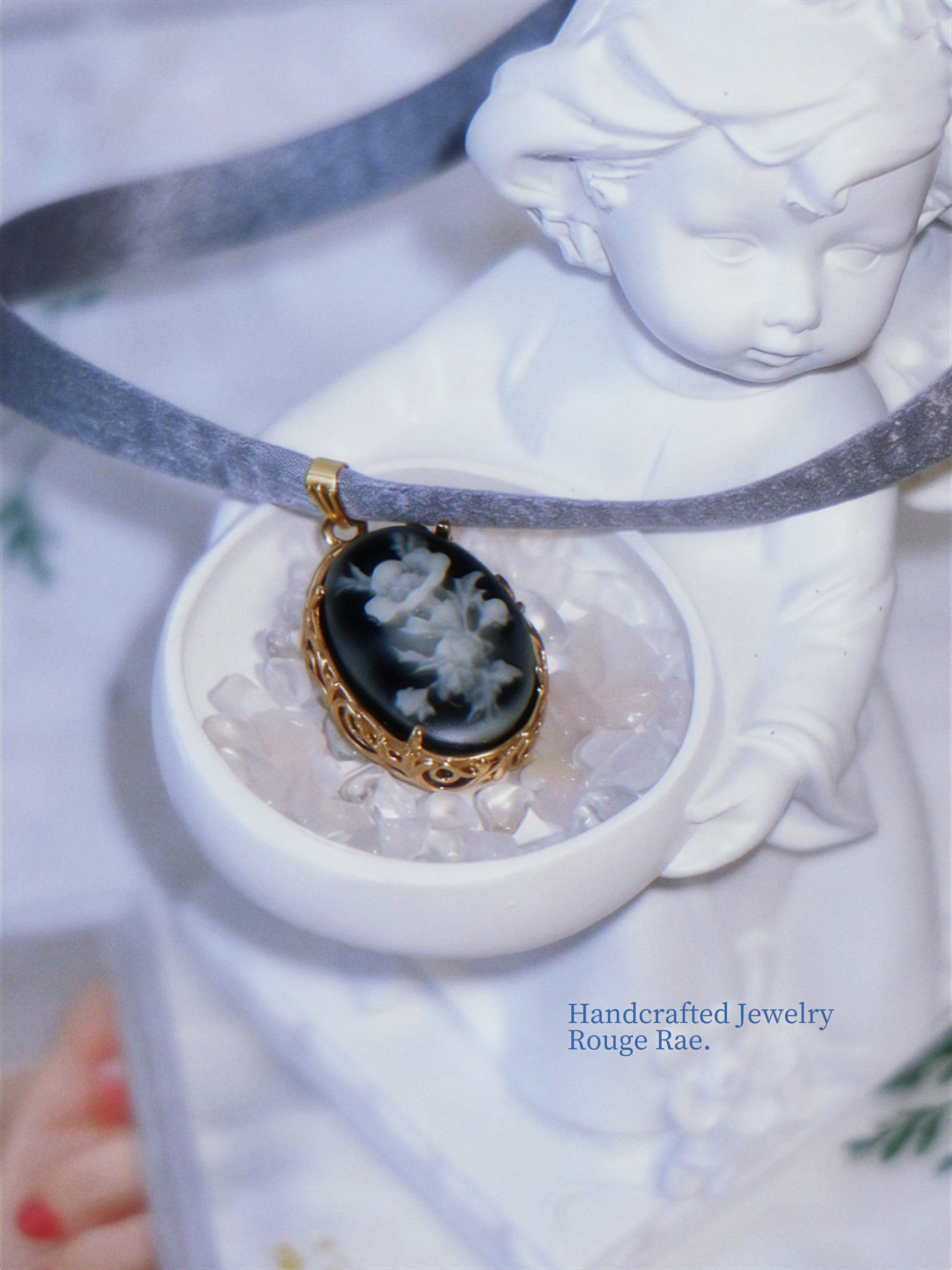 The Deep Nocturne. Vintage Carved Resin Rose Cameo Ribbon Choker-Necklace