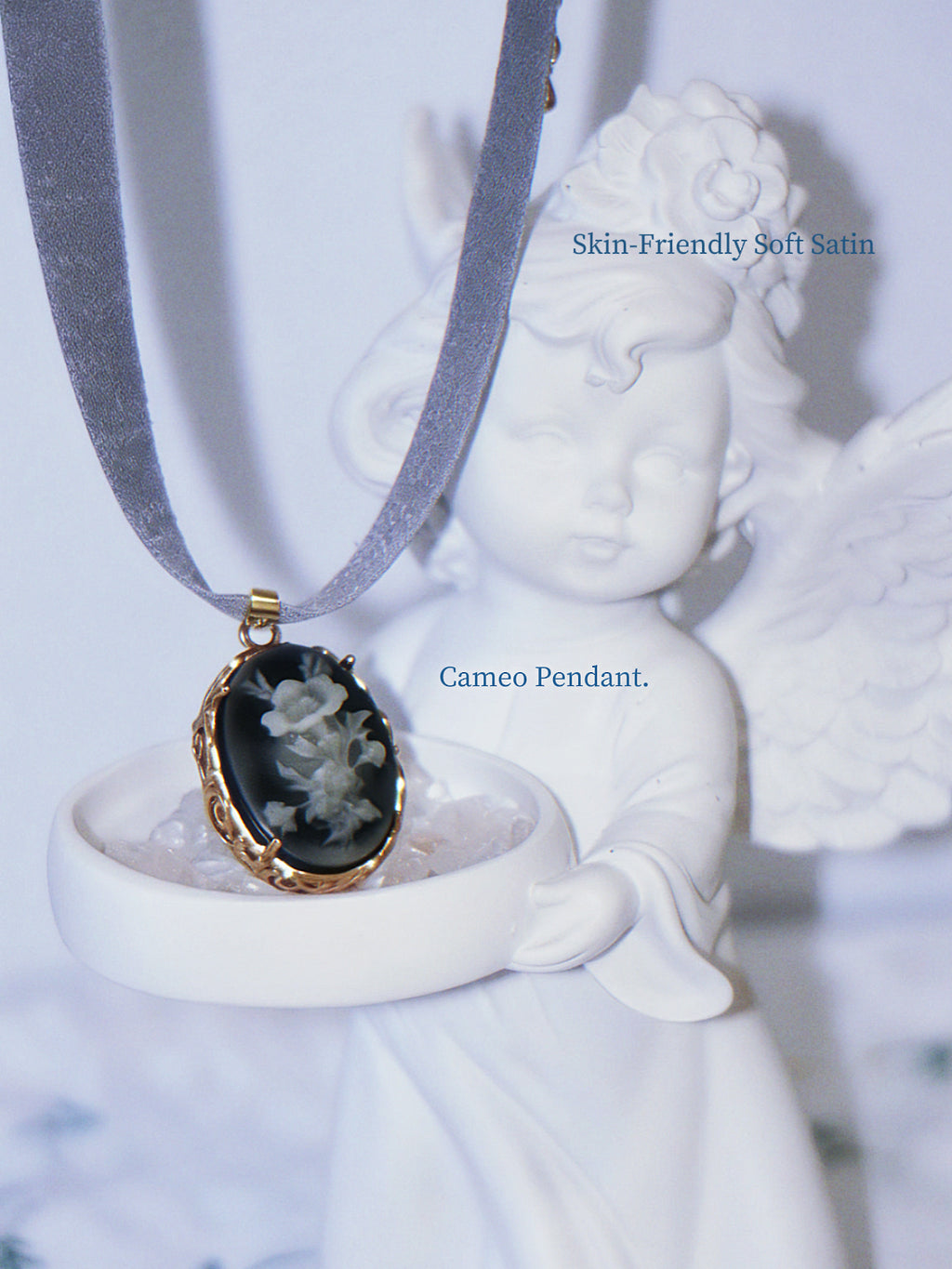 The Deep Nocturne. Vintage Carved Resin Rose Cameo Ribbon Choker-Necklace