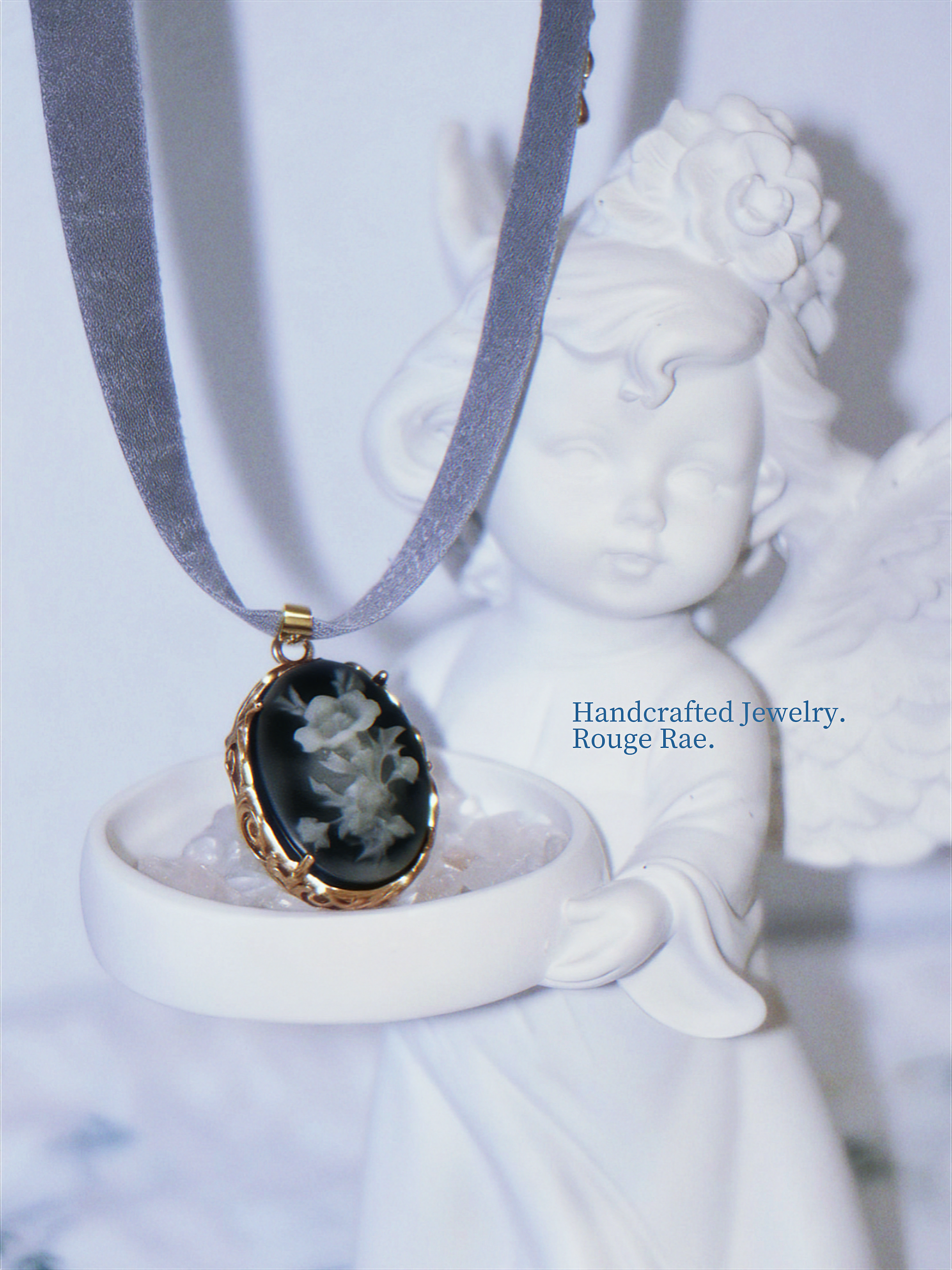 The Deep Nocturne. Vintage Carved Resin Rose Cameo Ribbon Choker-Necklace