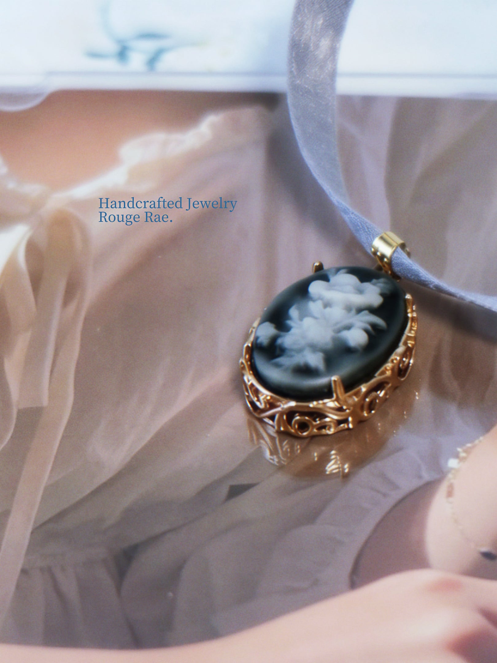 The Deep Nocturne. Vintage Carved Resin Rose Cameo Ribbon Choker-Necklace