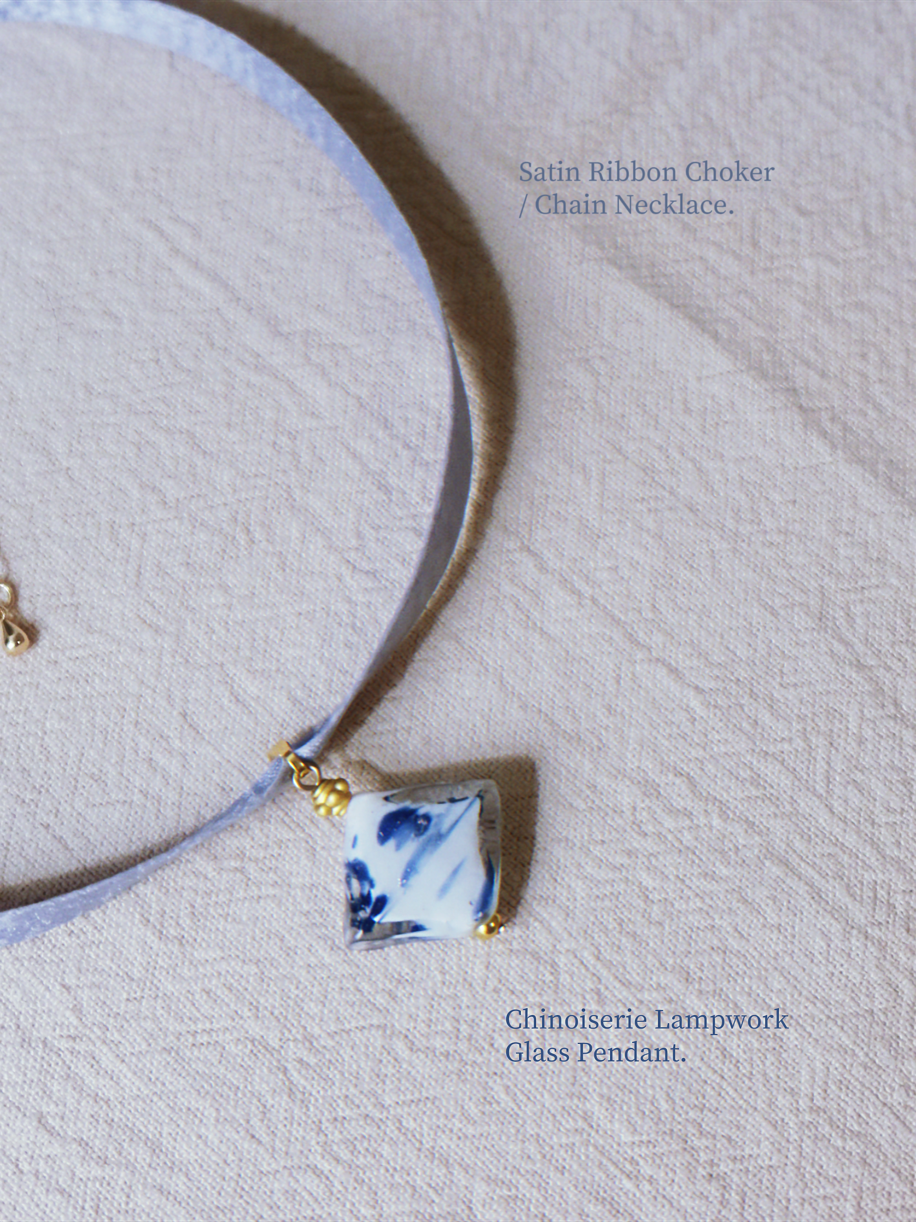 The Floating Ink. Chinoiserie Diamond Lampwork Glass Ribbon Necklace