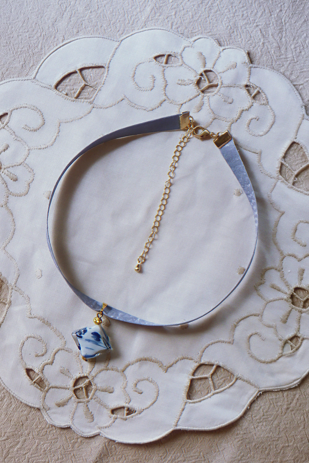 The Floating Ink. Chinoiserie Diamond Lampwork Glass Ribbon Necklace