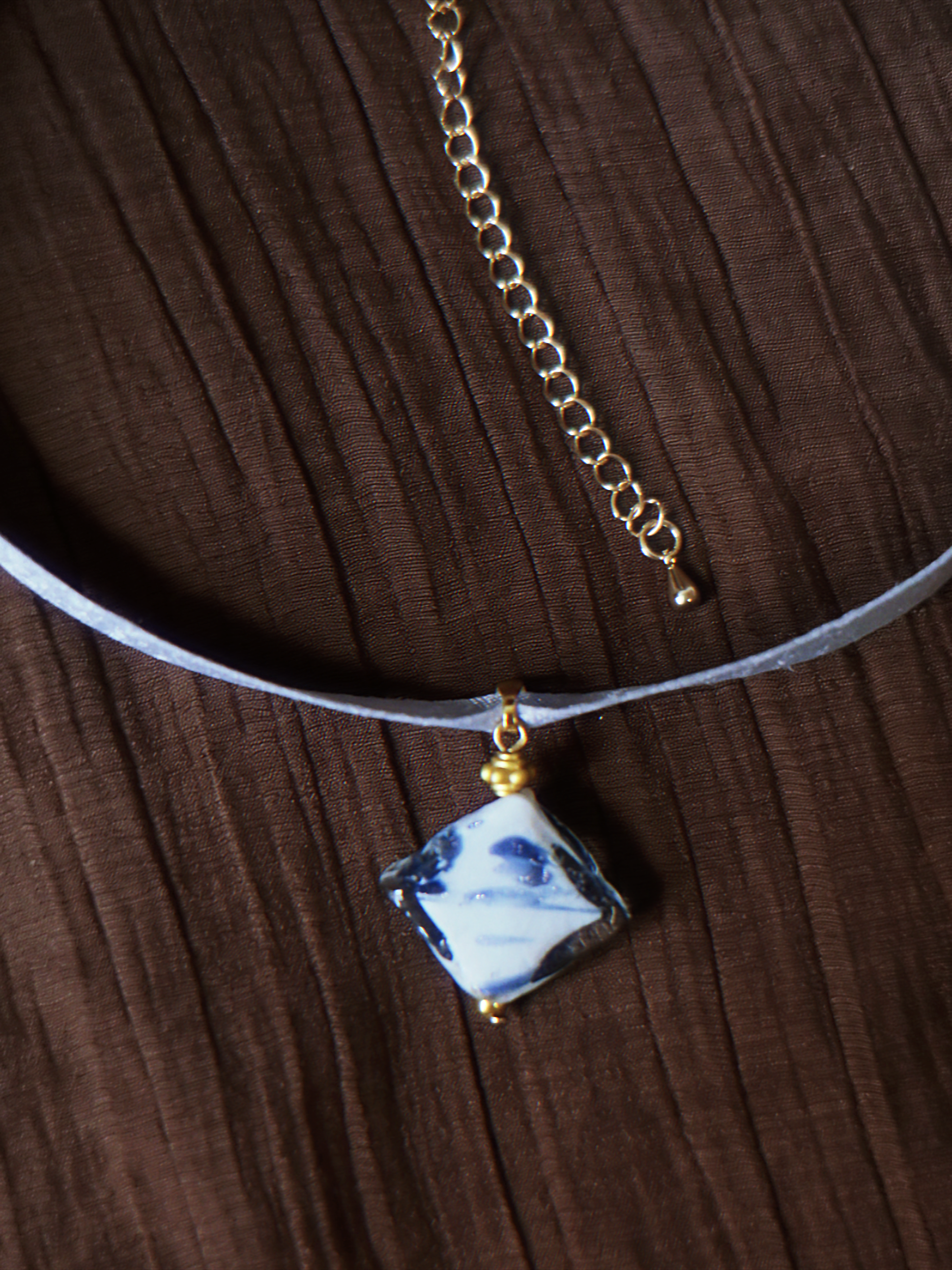The Floating Ink. Chinoiserie Diamond Lampwork Glass Ribbon Necklace
